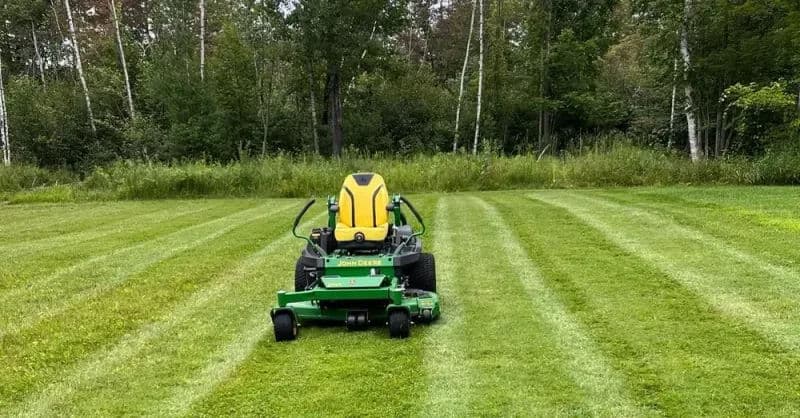 Lawn mower cutting grass in a lush green field with trees in the background.
