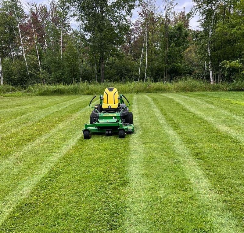 Lawn mower on freshly cut green grass with clear stripes in a lush wooded area.