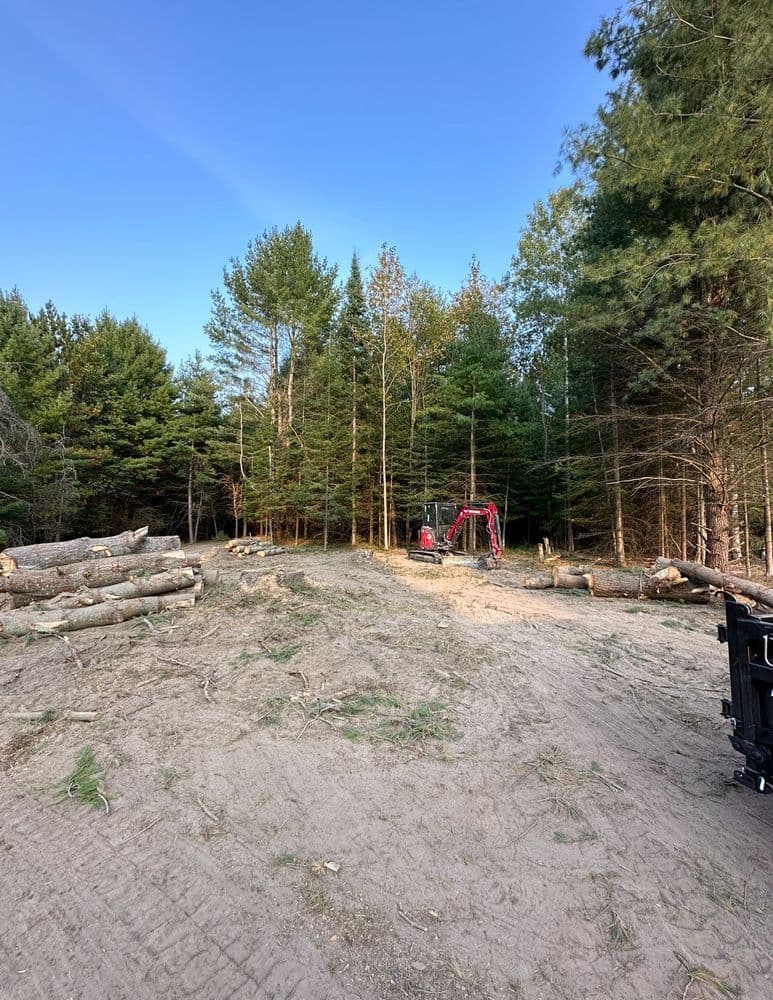 Excavator working in a forested area with cut logs and trees in the background.